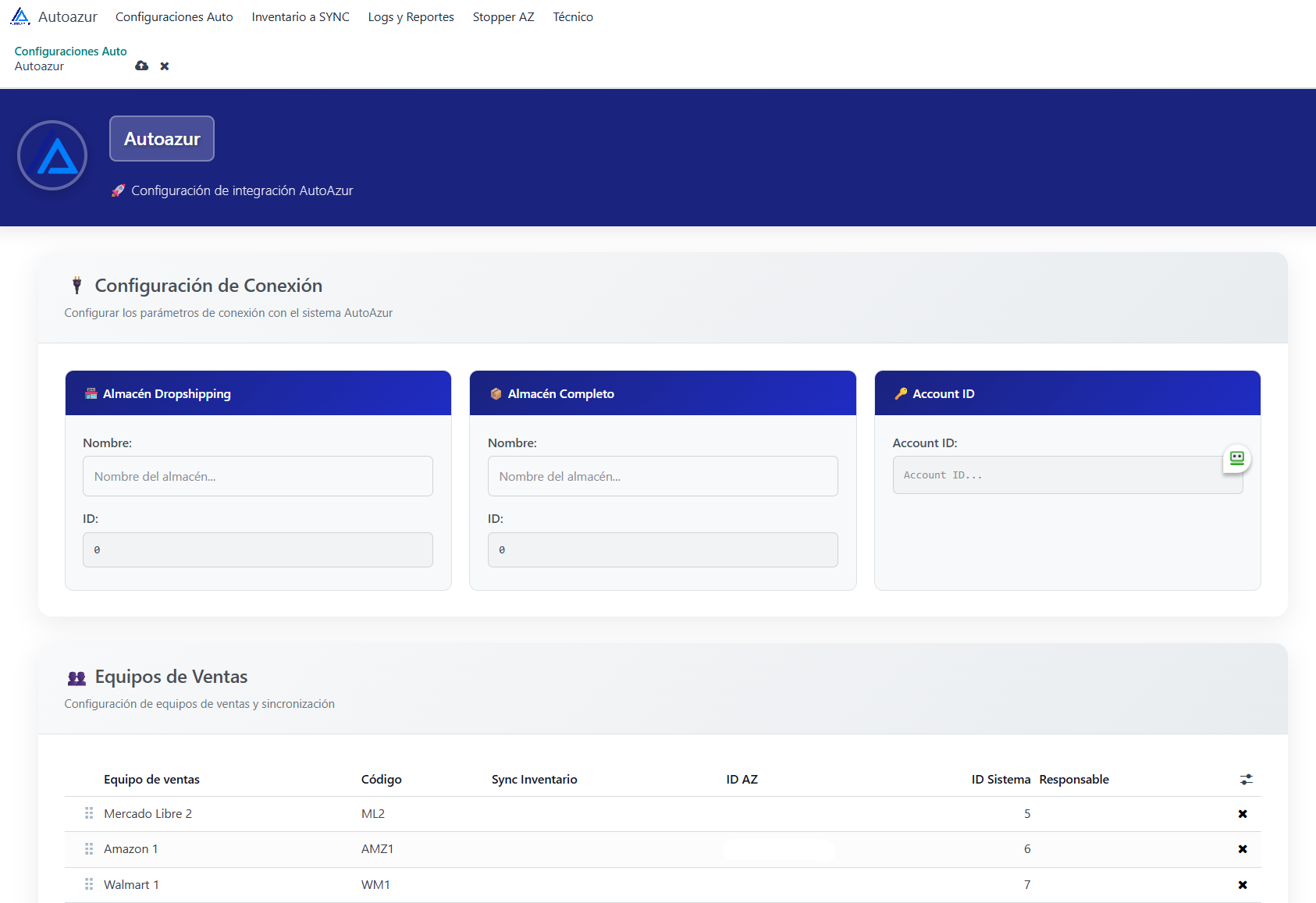 Panel de configuración Autoazur en Odoo